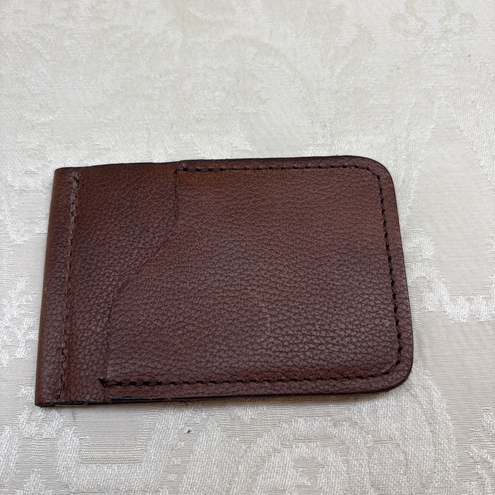 Leather Bi-Fold Money Clip w Card Pocket Minimalist DARK BROWN